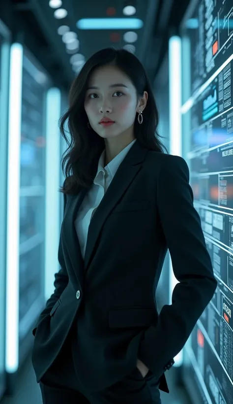 a 25-year-old Korean woman ,en traje de ejecutivo ,ceo ,, Black hair ,at night next to him multiple lights and hyperrealistic technological screens , hiperrealistic 