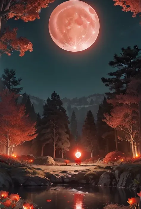 Enchanting elven landscape illuminated by a radiant full moon casting a soft, ethereal glow. The foreground is adorned with vibrant red flowers in full bloom, their petals glowing faintly under the moonlight, symbolizing beauty and elegance. The setting in...