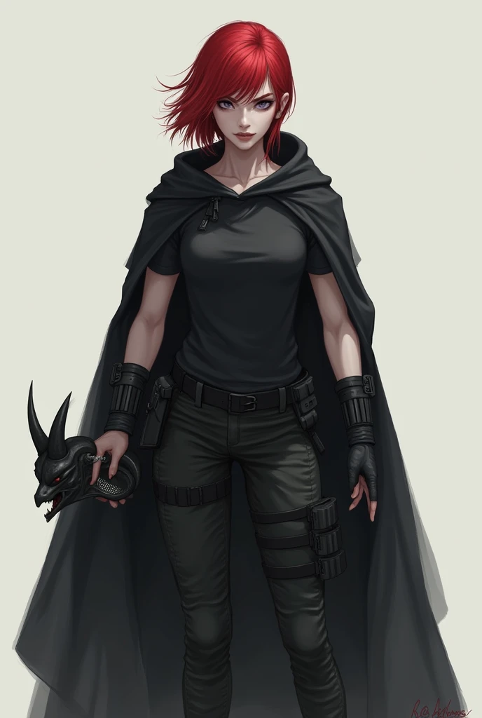 a tall woman, muscular, with short hair,  with bangs on the side and red like blood and snow-white skin,  wearing a large black fabric cover without hooded details,  opened at the front, revealing his strong figure in combat clothes, a simple black t-shirt...