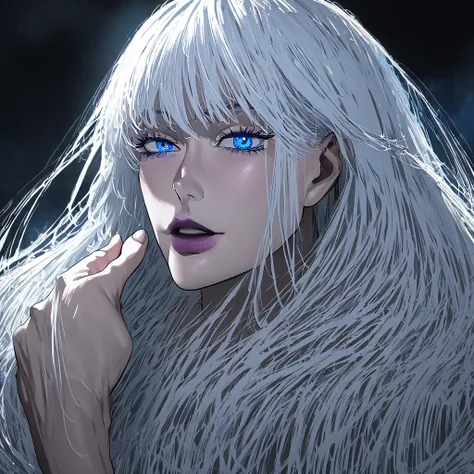 1 girl, mujer gojo Satoru, captura de pantalla de anime de jujutSu kaiSen, Gojo Satoru verSión fe, Solo, Very long_hair, ((Smooth texture hair)) blue eyeS, ((peStañaS blancaS)), ((Very long white_hair)), viSta nocturna, S, Superior_ Body, SonriSa, inside, ...