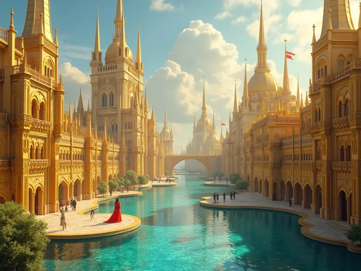 I want several tall medieval buildings made of gold and shiny diamonds and several surrounding buildings,And crystal clear waters on the streets 