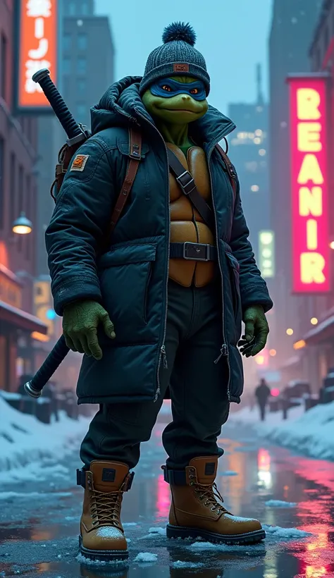 Create a hyper-realistic, cinematic artwork of Leonardo from the Teenage Mutant Ninja Turtles reimagined with a gritty, lifelike appearance, dressed in a Winter 2024 Timberland collection, set in a dark, neon-lit urban winter scene. Leonardos features are ...