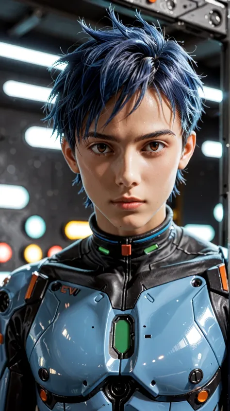 (best quality, masterpiece, RAW photo,ultra-detailed:1.2), 1youngman, (Kaworu Nagisa), brown eyes, short blue  hair,  japanese young man , (white skin), (black and blue futuristic pilot suit), (eva 02), evagod, evangelion mecha, science fiction,abstract ba...