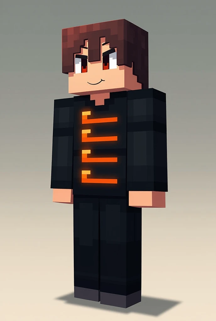  Make a mcpe skin wearing black shirt with fire orange  more lines like five orange lines lines on it and black pants anime face
