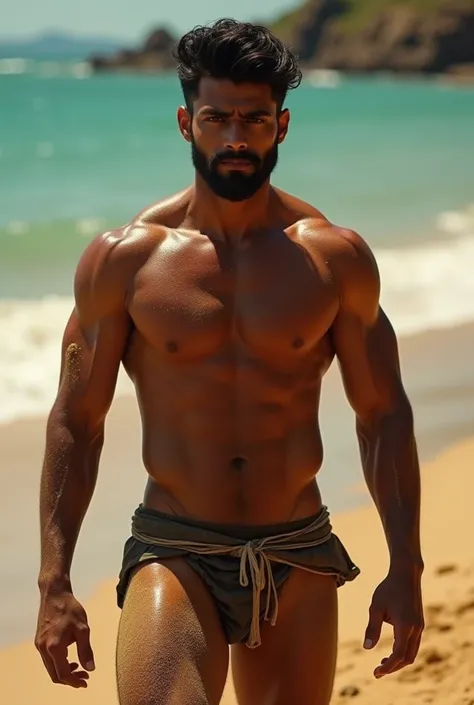 Indian Tamil hot adult brown handsome man with hot muscular oily body wear fit underwear looks sexy face in the beach with sexy body full with sand