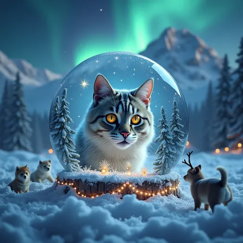  Crystal Ball Close-up of a Cat Visible Snow Northern Lights and Snowy Mountains, Reindeer Christmas and several puppies around and lots of snow