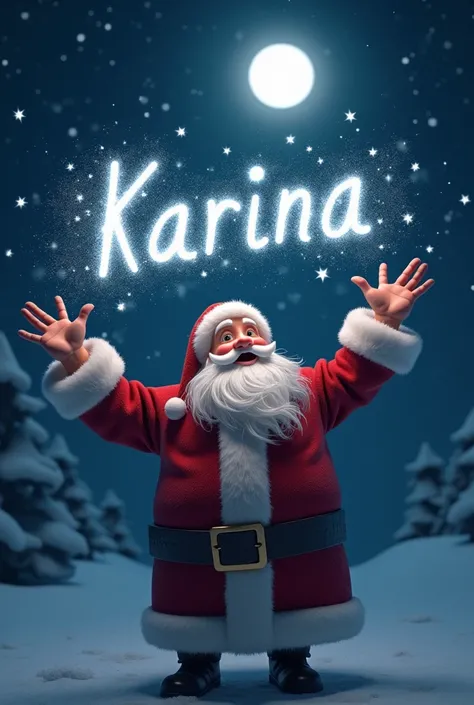 Realistic Santa Claus writing  "karina"  in the night sky with stardust wishing happy birthday