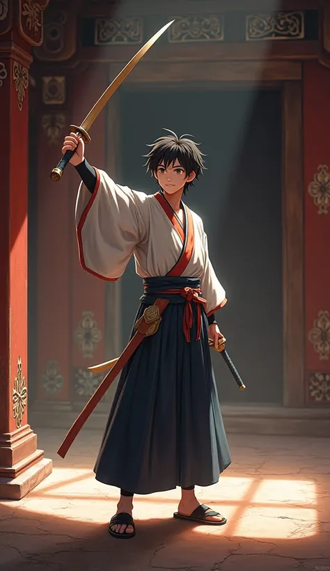 Sengoku period　 Inside the Castle 　 1 young man　The daikans son 　Rin々Funny face　 is practicing swords　Holding a wooden sword　 high definition 