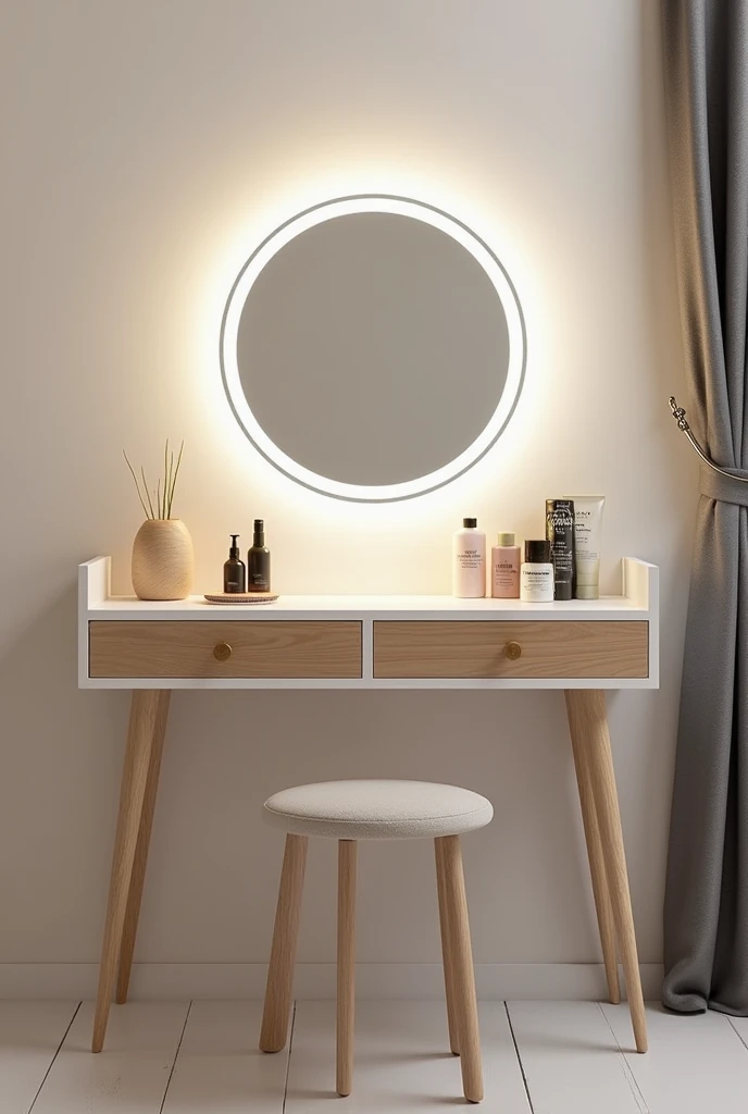  Creates a plan of a rectangular shelf measuring 80cmx40cmx17cm with 2 compartments of the same dimensions and that are open.  On the top a mirror with LED lights  . This is a modern makeup dresser  