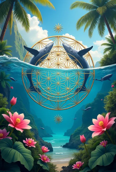  Sacred Geometry flower of life ,  in a Hawaiian landscape with whales, hibiscus and lotus flowers 