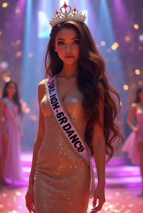 A girl with long hair from a beauty contest wearing a tiara and a girdle that says just dance 