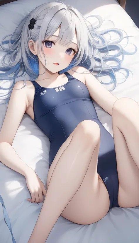  1 cute  girl ,Young Face、 slim figure、Thin legs、８Head to Body、((Beautiful white silver hair ))、( light blue inner color )、((Her cute gothic hairstyle is falling apart and messy ))、(( The sight of her lying on her back in a simple bluish navy blue school s...