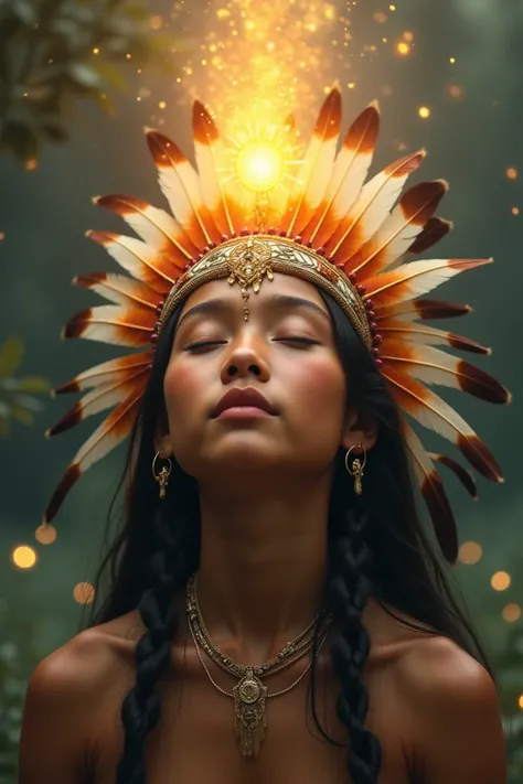 Reiki energy shining on the head of an indigenous girl with a headdress 