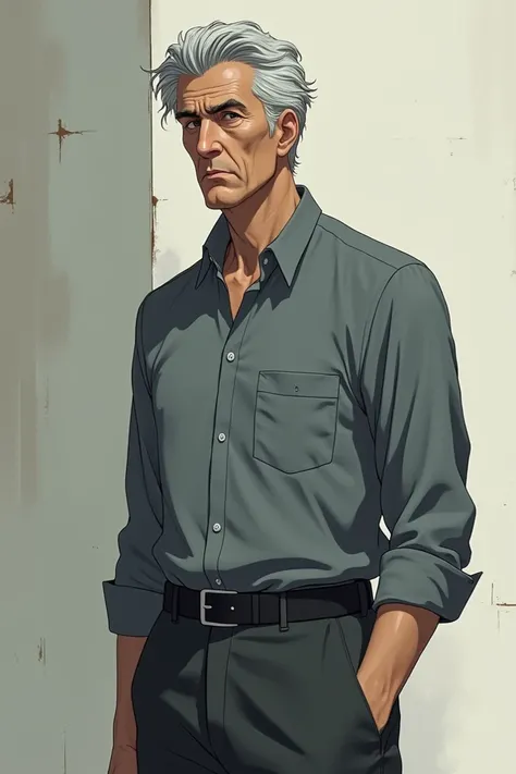 create a 50 year old man, gray clothes,  anime style 