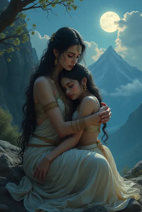 Goddess parvati comforting  surrogate daughter goddess Manasa in her embrace because the  was depressed for not becoming a goddess at Kailash it was moon lit evening.