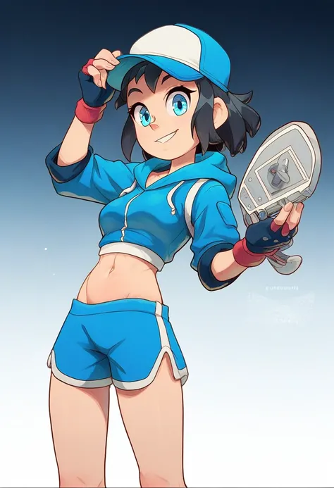 score_9, score_8_up, score_7_up, source_anime, best quality, clear face,fast skinny skate girl,black hair, blue eyes, medium hair, medium breasts, perfect body, standing, slight smile,blue shorts, indoor, pose,cool,simple design,cute, hat cap,blue cap,expo...