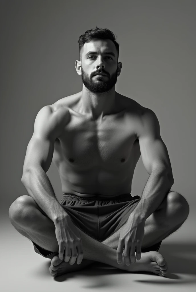  A picture of a gray-bodied man sitting in a relaxed position .  His arms are open on his knees and down relaxed and untouched. His legs are open and not touched ,  and are completely visible up to his feet .  Wear shorts .  The man is looking straight ahe...