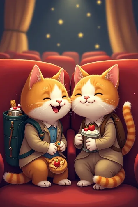 A cat at the movies with his girlfriend the cat has a backpack and takes bread cake soda out of his backpack 