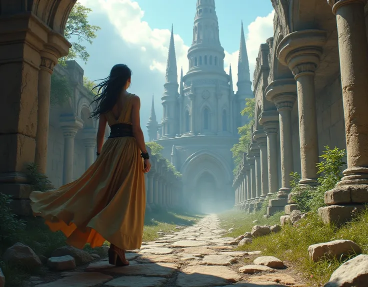  A beautiful and sexy female treasure hunter exploring the ruins of an ancient magical city、 The ruins of a grand and complex ancient magical city spread out under her eyes 、Complex architecture、Otherworldly atmosphere、 Mysterious Aura 、 dramatic lighting ...