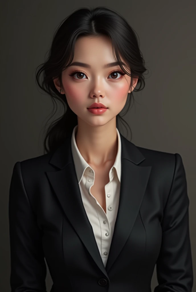 An elegant lawyer with Western features, a marked jawline and a round face.