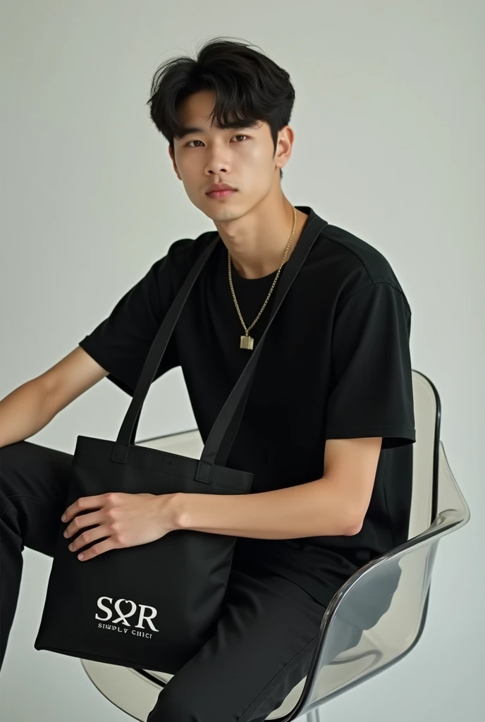 This image shows an advertisement showing a young man, a handsome 17-year-old Korean model in a black T-shirt, sitting on a curved transparent chair, placing a black canvas tote bag in front, seen in full view, from the SXR brand, which features a trendy, ...