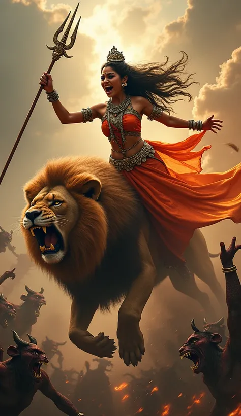 Photo of lordess Durga Mata flying from a lion, striking a demon in the chest with a trident, wearing a traditional Indian saree and jewelry, with a screaming face. A horde of demons can be seen approaching in the background.