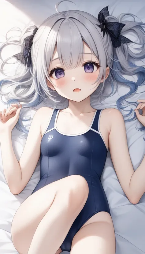  1 cute  girl ,Young Face、 slim figure、Thin legs、８Head to Body、((Beautiful white silver hair ))、( light blue inner color )、((Her cute gothic hairstyle is falling apart and messy ))、(( The sight of her lying on her back in a simple bluish navy blue school s...