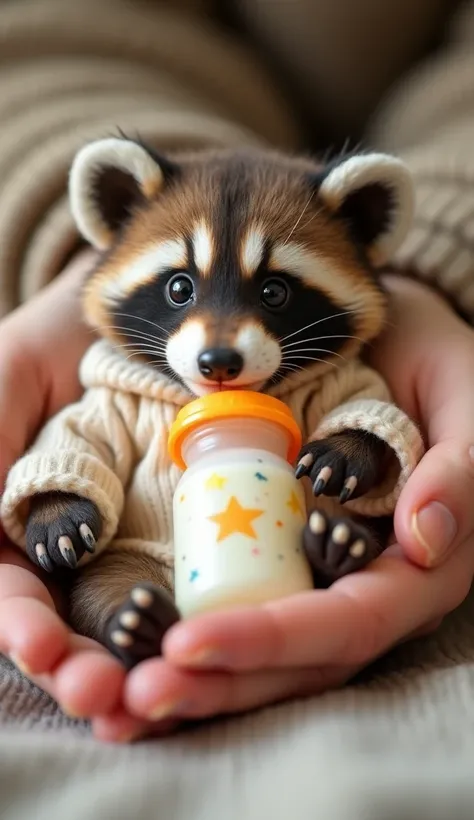 In a cozy ,  softly illuminated nursery ,  a small raccoon puppy sits comfortably in the soft embrace of a large,  nourishing hand .  The puppy has a realistic appearance , with a soft, coat that features subtle shades  ,  imitating the natural color of a ...