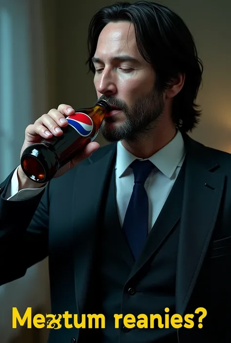  side View,　drinking pose ,  Pepsi-Cola PET bottle in the left hand ,  he is Pepsi-Cola PET bottle drinking , white American man is Keanu Reeves  , 60 years old, Serious , closed eyes, open mouth,  suit style,  blue tie,   my house, In New York , yellow le...