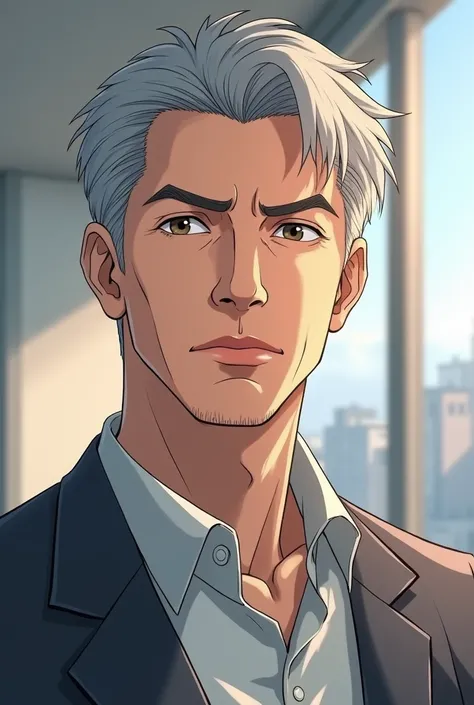 Create a 45 year old man, gray clothes,  anime style 