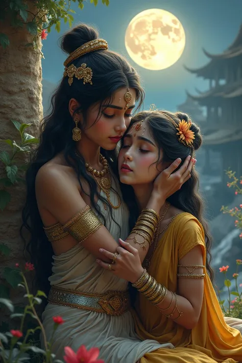 Goddess parvati comforting her surrogate daughter goddess Manasa in her embrace because the  was depressed for not becoming a goddess at Kailash it was moon lit evening.