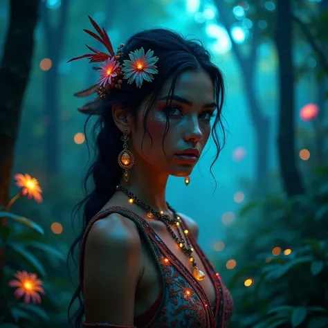  Here is the revised text with characteristics of an exotic woman :

" In a deep, luminescent forest ,  where trees emanate light in shades of blue and purple and vibrant flowers seem to breathe ,  a woman walks a secret trail .  Her face has striking and ...