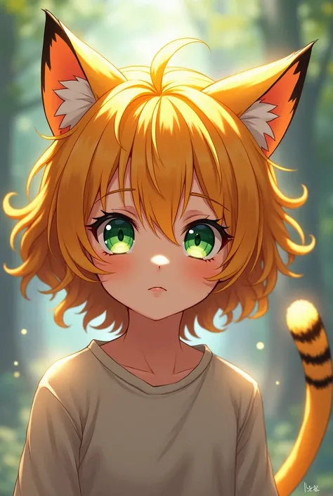 anime boy, shoulder-length orange wavy hair ,  emerald green eyes , feline pupils,  yellow feline ears with black stripe and white tip,  long yellow tail with black stripes and white tip 