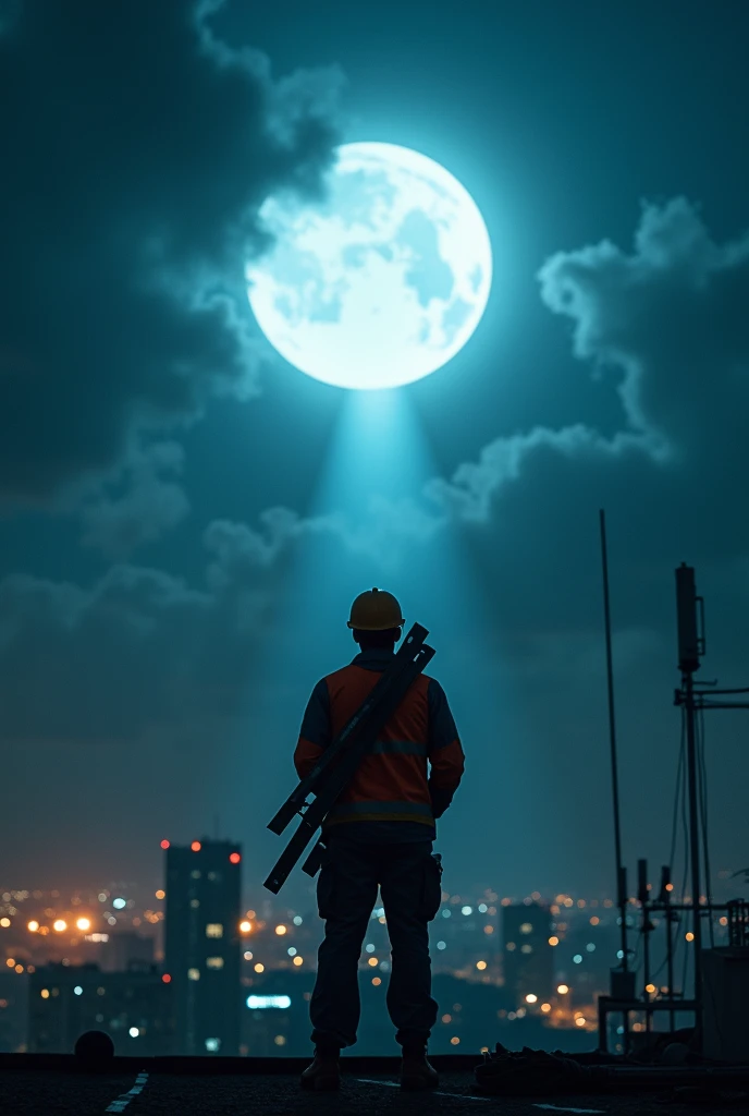  A telecommunications technician stands atop a tall building , At night,  surrounded by telecommunication antennas .  He wears a work uniform with a helmet and gloves ,  carrying a ladder on the shoulder . He looks up at the night sky, where a large lumino...