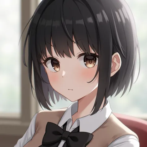 1girl, solo, looking_at_viewer, short_hair, bangs, black_hair, original, bow, brown_eyes, school_uniform, uniform, bowtie, black_eyes, blurry, blurry_background, realistic, photo_(medium), 3d, real_life