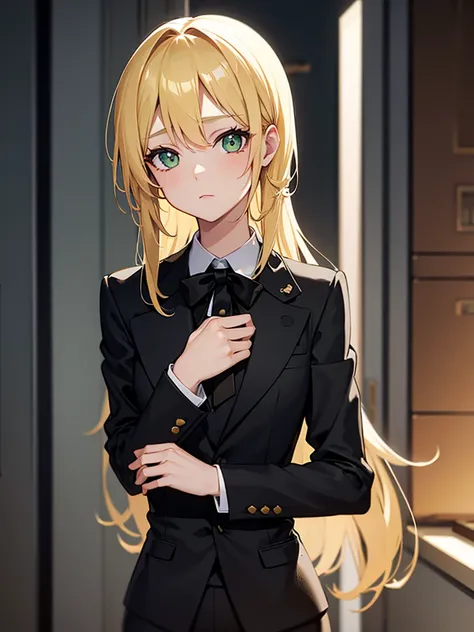 German girl, blonde hair, green eyes, wearing black suit, formal wear