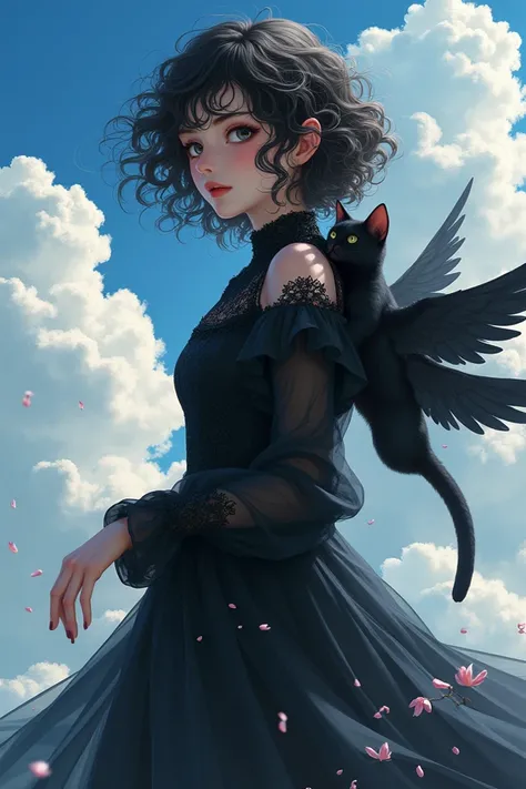 Girl in black clothes with curly hair from anime with a cat that became a black angel and a cloud background , Digital painting by Kunkan ,  winner of the pixiv contest , shin hanga, artwork in the style of guweiz, guweiz and makoto shinkai, detailed cute,...