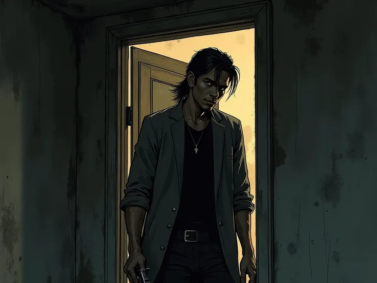 Sketch neo noir style of a young mexican man with a mullet entering a home through a window with a revolver, have the man look subtly creepy