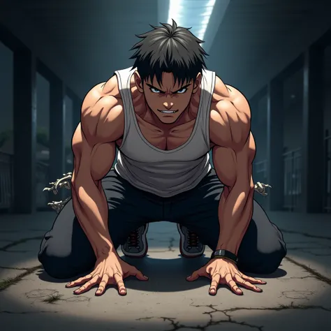 Anime male character who is on his hands and knees 