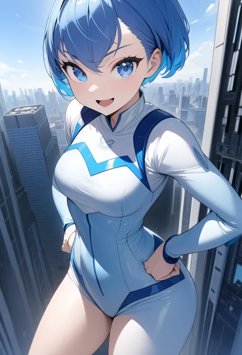 (masterpiece), best quality, expressive eyes, perfect face, a super hero woman, pixie cut, short hair, sky blue hair, blue eyes, round eyes, a white cape, (blue domino mask), light blue super hero suit, bare legs, smiling, open mouth, hands on hips, lookin...