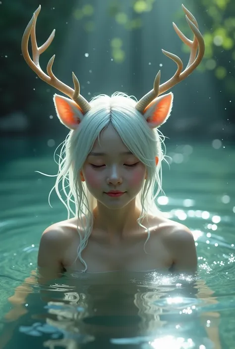 an younger teen with white hair and a deer head sitting nude in a pond bathing, very satisfied expression of deep relaxation and pleasure, horns shaped like a crown growing out if her head, elegant cinematic fantasy art, hyperdetailed fantasy character, 4k...