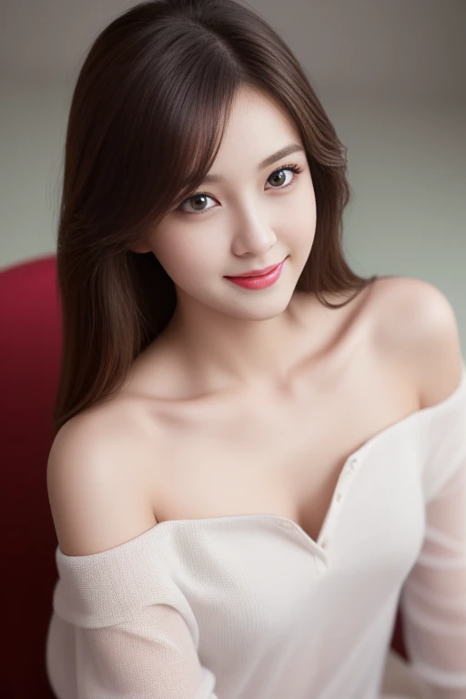 ( 1 girl), (Ultra Realistic, high res), ( very detailed eyes,  hair,  very detailed face in, High definition plump lips ), (off shoulder with open chest), chest,  upper body,  Modest Smile, ( best quality:1.4),  RAW photos , (Realistic, photo-Realistic:1.3...