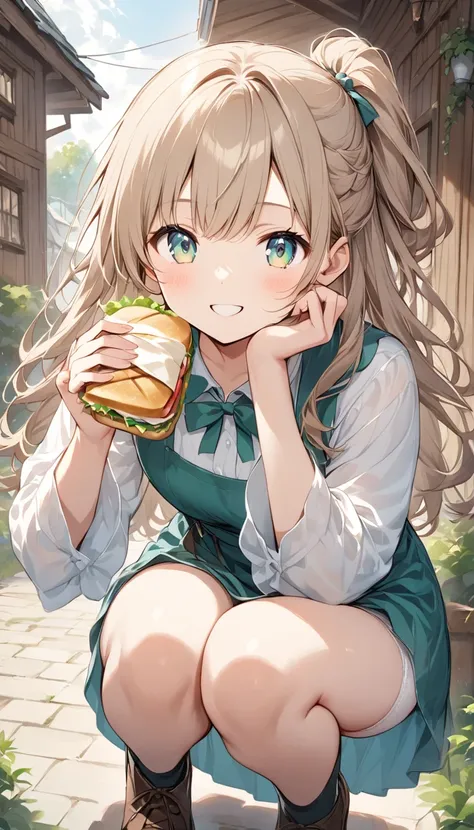  girl、White Toso 、Guided hair 、Beautiful Hair、 he looks at me with a strange expression .cute、Jade colored eyes 、outside、 shy front 、village、Wooden House、 girl、 has a nice smile、Im holding a sandwich in my hand 、(Panties visible )、 working in a bakery 、((H...