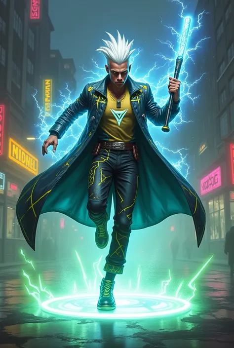 "Create a fusion of Ekko from Arcane and Static Shock from DC Comics, combining, this man,their iconic features into a single, electrifying character. This hybrid hero has Ekkos white mohawk with two shaved lines on the sides, but its infused with glowing ...