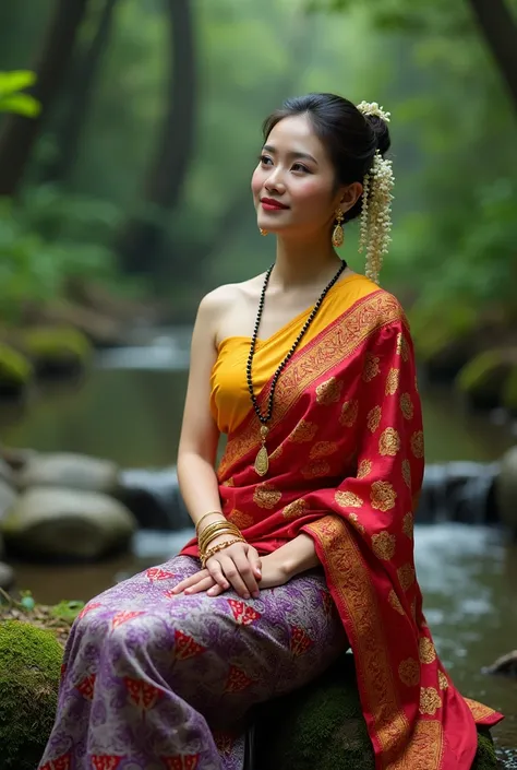 A serene portrait of a woman in traditional Thai attire, seated gracefully on a moss-covered rock by a gently flowing stream in a lush forest setting. She wears a vibrant outfit, consisting of a sleeveless yellow top and a single-shoulder red silk shawl ad...