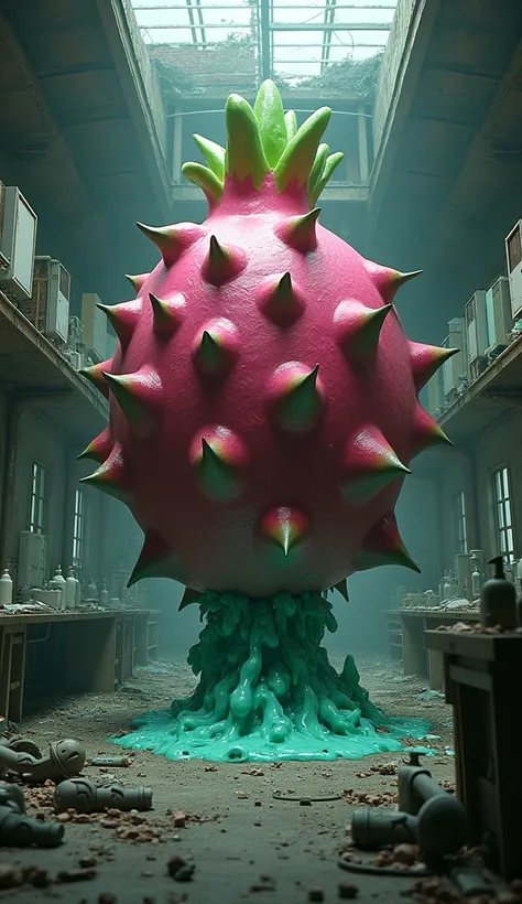 A large dragon fruit releases a lot of juice in a destroyed laboratory (mengeluarkan racun sianida), And make a logo under the dragon fruit that says "RACOEN BUAH NAGA" 3d, 