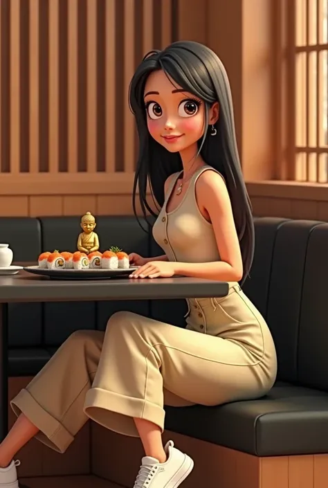 Woman 30 years, long straight black hair, wearing creme short sleeveless buttoned vest and creme long loose trousers with white sneakers. At Sushi restaurant with wood slat paneling in walls, black rectangular tables, sitting on black leather upholstered b...