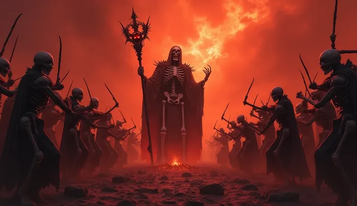 Deep within the heart of the underworld, a thick crimson mist shrouds the desolate expanse where vast hordes of skeletal figures gather. Each skeleton wields a macabre musical instrument – violins crafted from human bones, drums forged from skulls stretche...