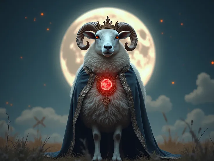  Sheep with kings cape ,  with kings crown and red amulet, with symbol of Aries , And the moon in the background.