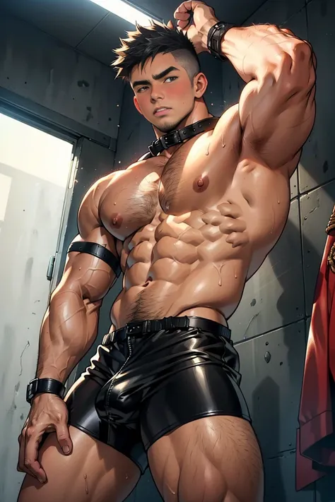 ((nsfw)), ((masterpiece)), ((best quality)), ((perfect anatomically)), ((high detailed)), 1 boy, 20 year old boy, cute baby face, (embarrassed look), (blush), ((black short hair)), bulky body, bulge, huge butt, undercut hair, (((wearing leather clothes))),...